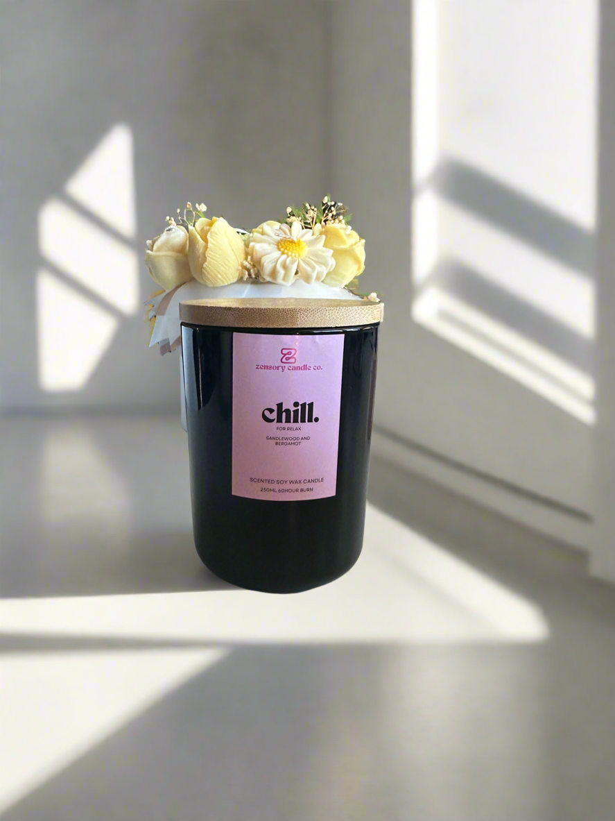 250ml Soy wax candle black scented candle Chill - sandalwood and bergamot scented candle - Zensory Candle Co