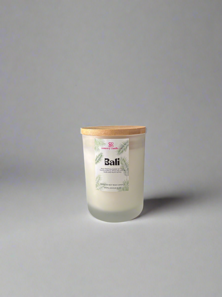 250ml Soy wax candle frosted white scented candle Bali - Tropical floral scented candle - Zensory Candle Co