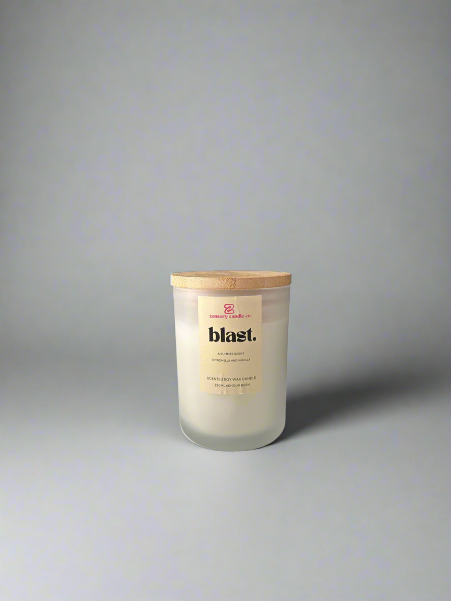 250ml Soy wax candle frosted white scented candle Blast - citronella and vanilla scented candle - Zensory Candle Co