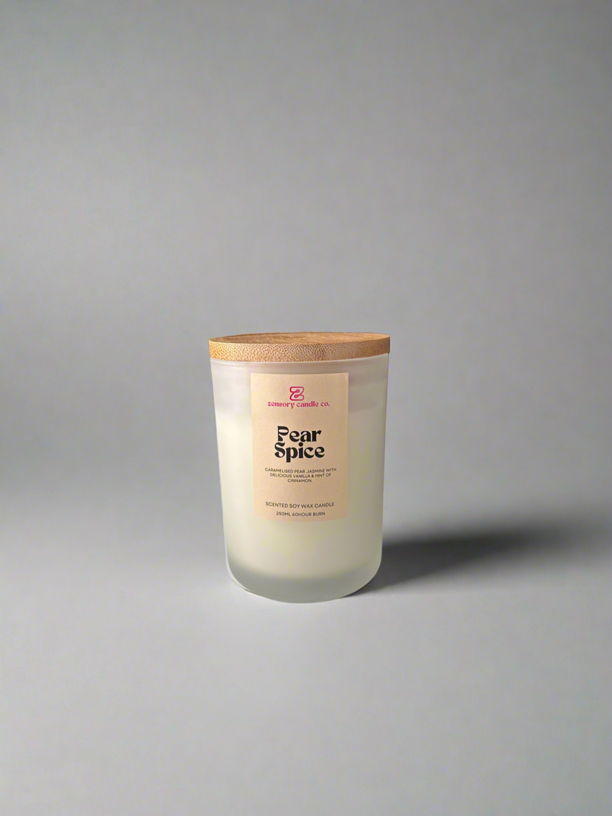 250ml Soy wax candle frosted white scented candle Pear Spice - French Pear and Cinnamon scented candle - Zensory Candle Co