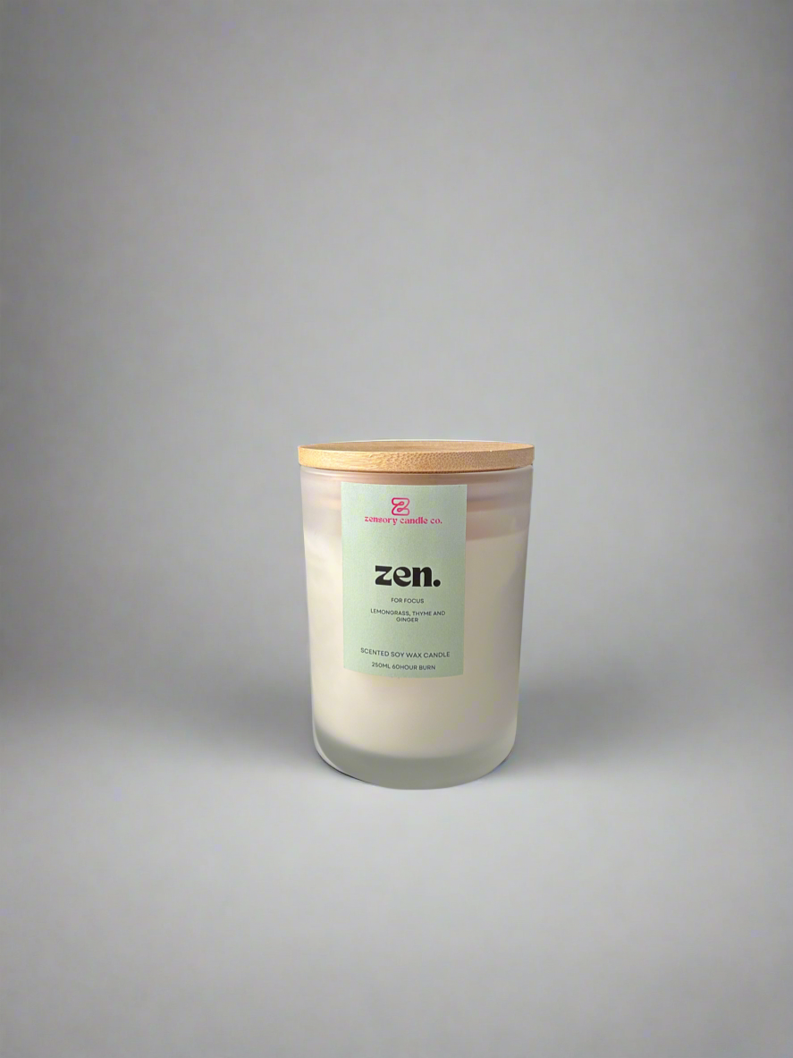 250ml Soy wax candle frosted white scented candle Zen - Lemongrass and ginger scented candle - Zensory Candle Co