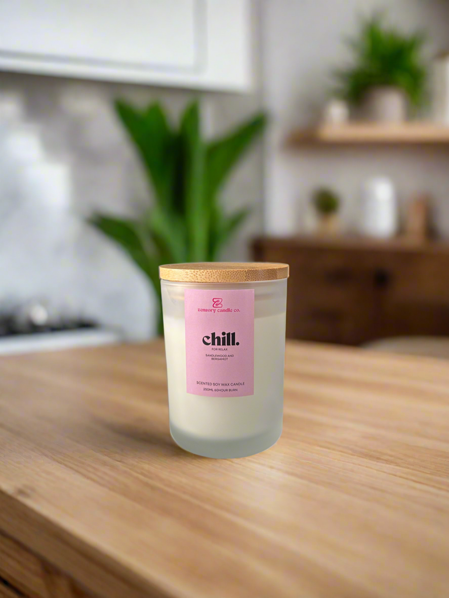 250ml Soy wax candle frosted white scented candle Chill - SANDLEWOOD and Bergamot scented candle living room oak - Zensory Candle Co
