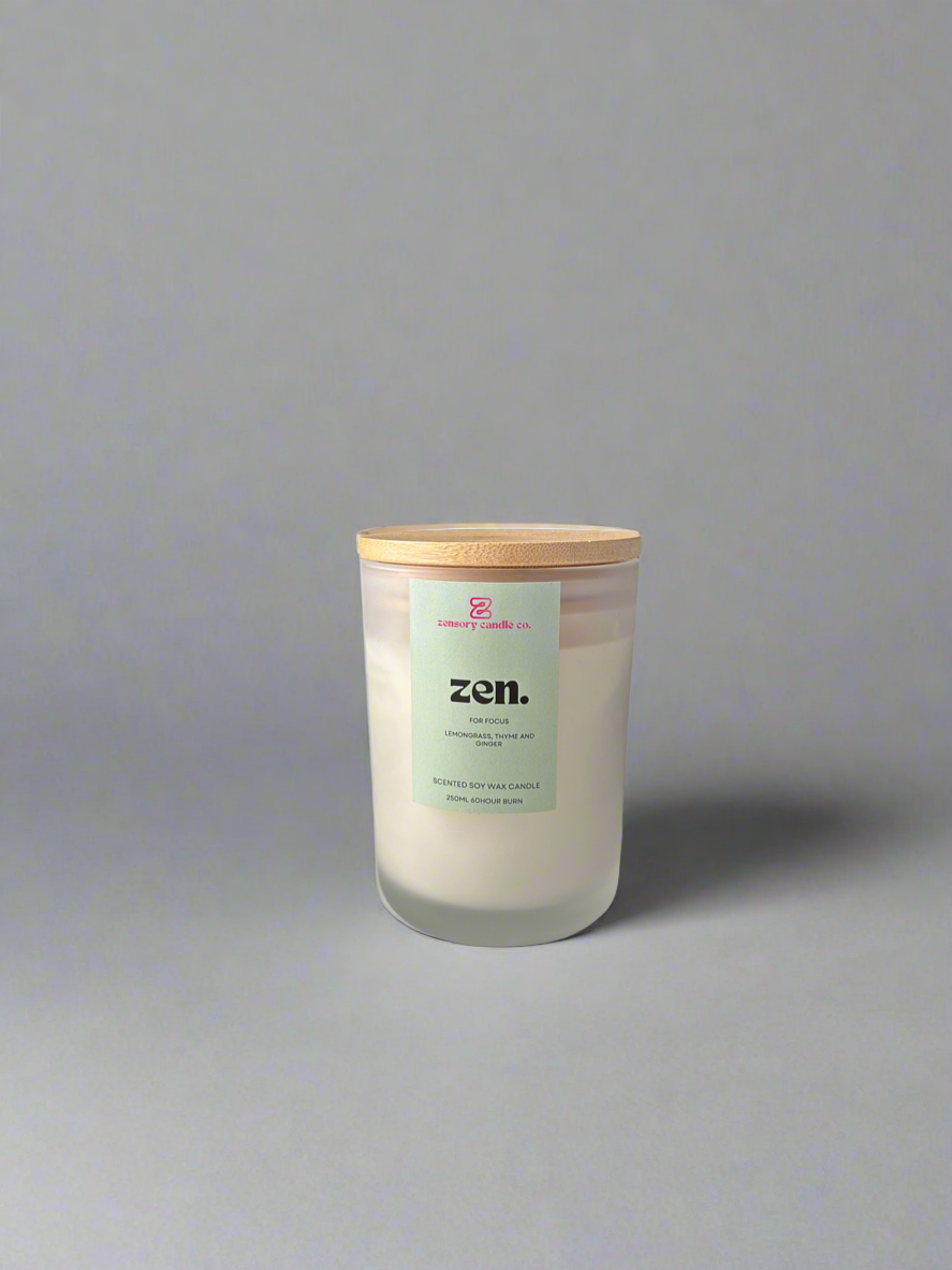 250ml Soy wax candle frosted white scented candle Zen - Lemongrass Ginger scented candle - Zensory Candle Co