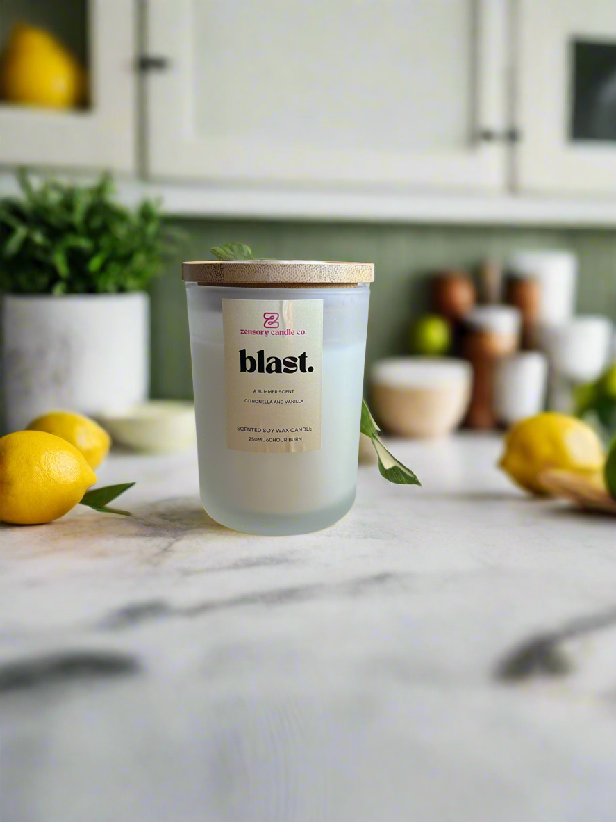 250ml Soy wax candle frosted white scented candle Blast - citronella and vanilla scented candle - Zensory Candle Co