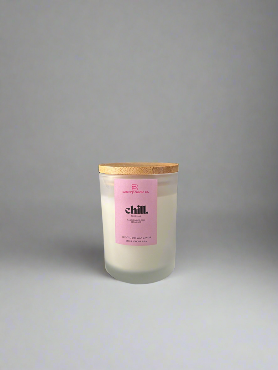 250ml Soy wax candle frosted white scented candle Chill - Sandalwood Nd bergamot scented candle - Zensory Candle Co