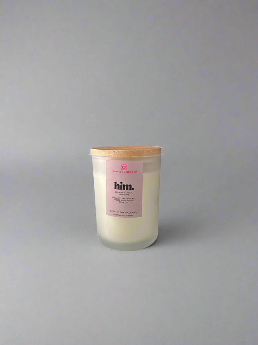 250ml Soy wax candle frosted white scented candle Him - Dark and Handsome musky spice tobacco vanilla scented candle - Zensory Candle Co