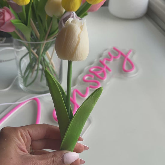 white Soy wax Flower Candle gift - Tulip Candle on Faux stem - Zensory Candle Co