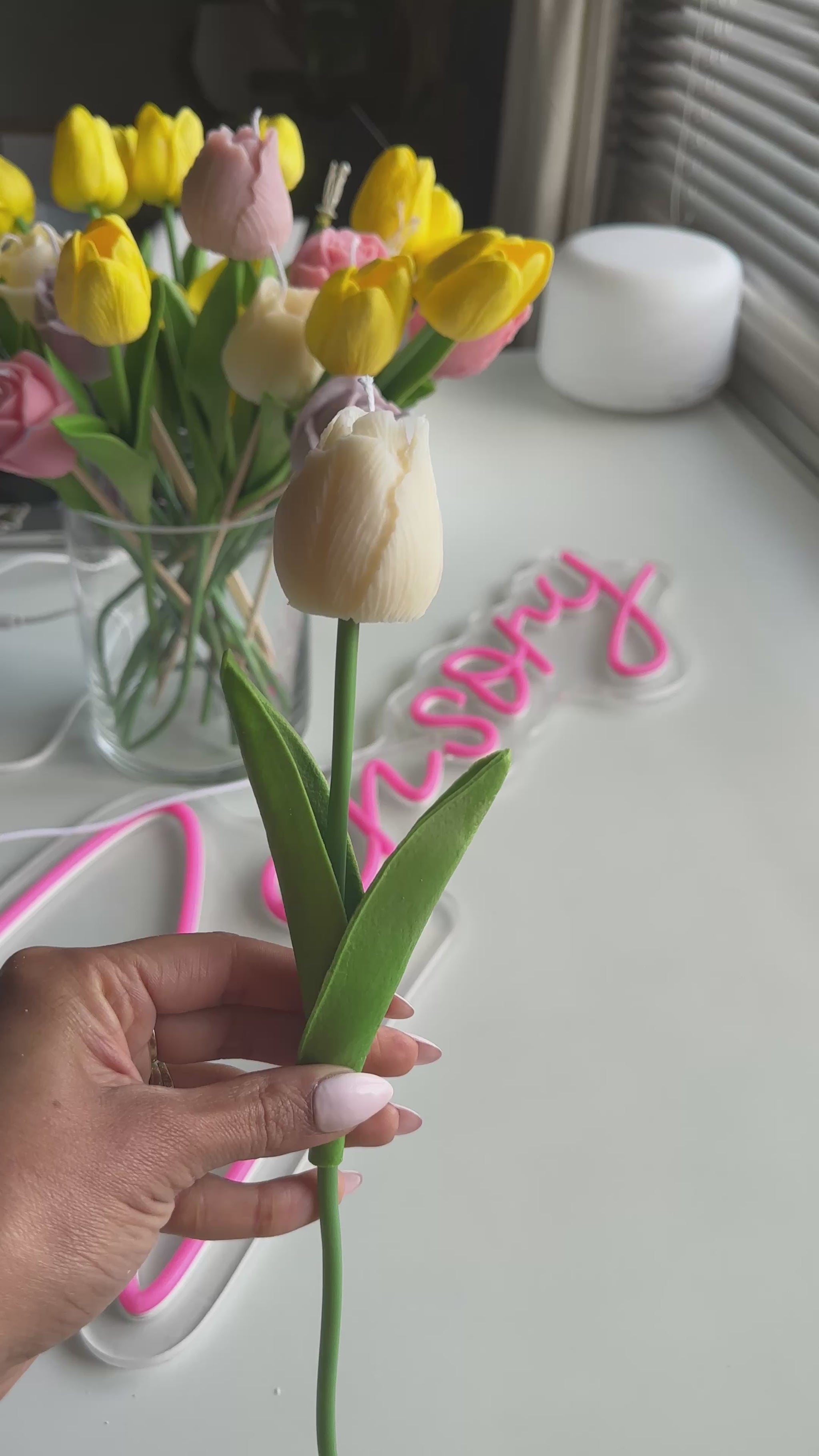 white Soy wax Flower Candle gift - Tulip Candle on Faux stem - Zensory Candle Co